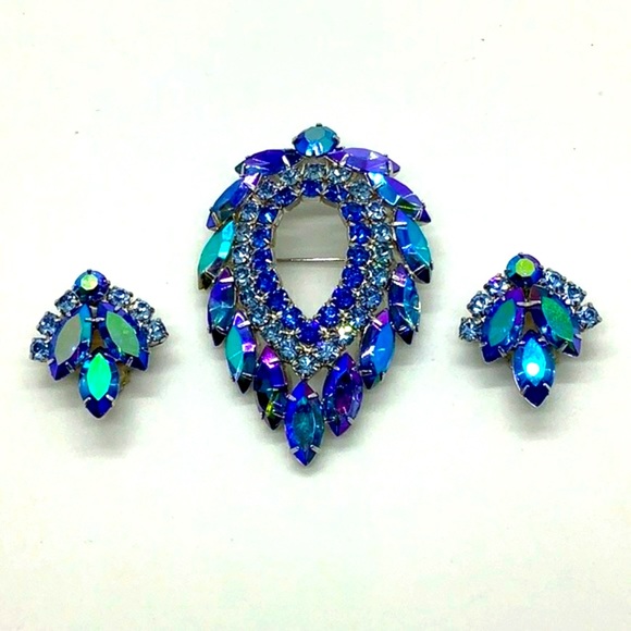 Sarah Coventry Juliana D & E Blue Lagoon Rhinestone Brooch Earrings Demi Parure - Picture 1 of 5